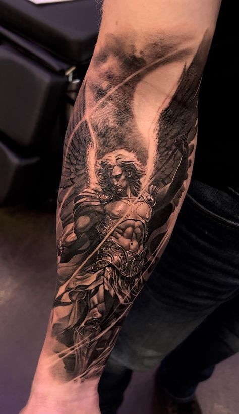 Arch Angel Gabriel Tattoos, St Michael Shoulder Tattoo, At Michael The Archangel, At Michael Tattoo, Arhangel Mihail Tattoo, Religous Tattoo Arm Sleeve, Saint Tattoos For Men, Archangel Michael Tattoo For Men, Saint Michael Tattoo Sleeve