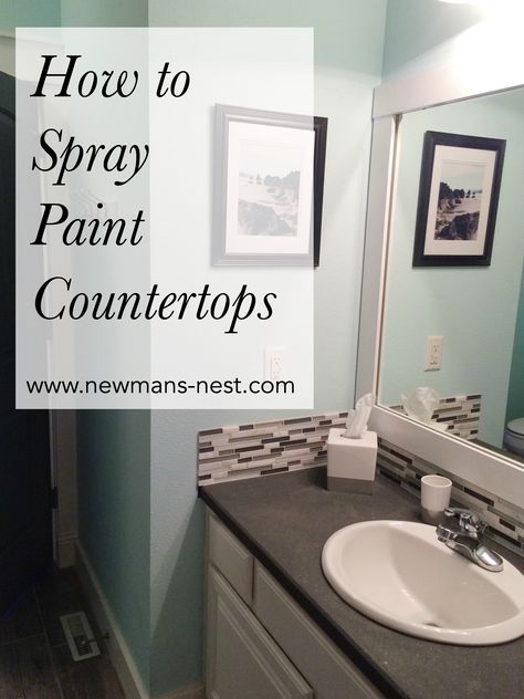 For our guest bathroom, I wanted an inexpensive upgrade that would completely change the current countertops, so I had begun the online search of methods to fill this. I found a tutorial on Pinter… Spray Paint Countertops, Paint Countertops, How To Spray Paint, Painting Countertops, Apartment Decoration, Bathroom Counters, Bathroom Countertop, Bathroom Counter, Bathroom Countertops