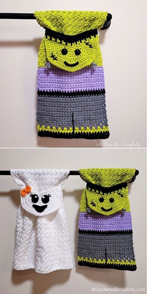 Free Halloween Crochet Patterns. Spooky season is almost there, so make sure to create these amazing kitchen towels in the pictures below! Let’s add a little spooktacular cuteness to your Halloween home decor this year and make sure to crochet one or two for your family and friends! #freecrochetpattern #towel #halloween Halloween Dish Towels Crochet, Halloween Crochet Pot Holders, Crochet Halloween Potholders, Fall Kitchen Towels Diy, Crochet Halloween Treat Bag Patterns Free, Crochet Halloween Dishcloth, Halloween Crochet Decor Patterns, Halloween Decor Crochet Patterns Free, Sellable Crochet Patterns