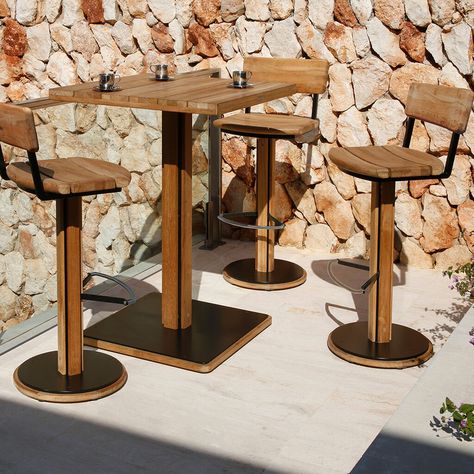 Barlow Tyrie Titan High Dining Swivel Stool | AuthenTEAK Patio Set Up, High Dining Table, Outdoor Wood Furniture, Coffee Stand, Natural Teak Wood, Rustic Chair, Teak Oil, Outdoor Environment, Counter Height Table