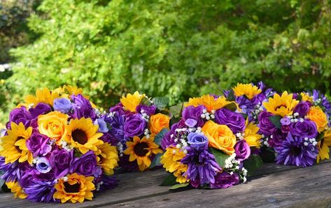 Purple Blue Sunflower Wedding, Sunflower And Purple Wedding, Purple Roses And Sunflowers, Purple Teal And Sunflower Wedding, Sunflower And Purple Rose Bouquet, Purple And Yellow Bouquet Wedding, Purple Sunflower Wedding, Purple Roses Wedding, Sunflower Bridesmaid Bouquet