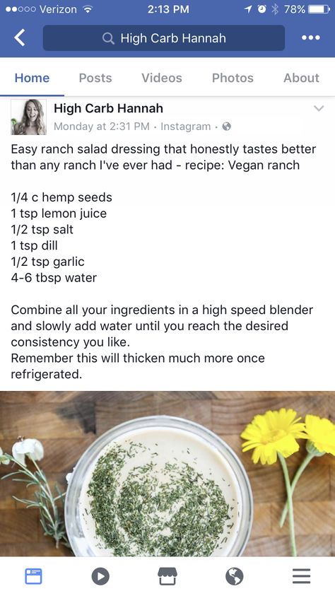 Vegan Ranch dressing from High Carb Hannah High Carb Hannah, High Carb Low Fat Vegan, Starch Solution Recipes, High Carb Vegan, Hclf Vegan, Vegan Ranch Dressing, Raw Vegan Diet, Vegan Dressing, Vegan Ranch