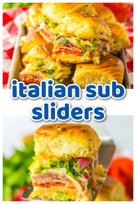 These Italian Sub Sliders are always a hit.  Perfect for parties or a quick lunch or dinner these little sliders combine ham, salami, pepperoni and provolone that get baked until melty and then topped with a flavorful chopped mix of lettuce, onion, banana pepper and roasted red peppers with mayo and italian dressing.  These are so easy and delicious! Always a crowd pleaser. Pepperoni Sliders, Italian Sub Sliders, Sub Sliders, Slider Sandwiches, Italian Sub, Italian Sandwich, Sub Sandwiches, Delicious Appetizer Recipes, Slider Recipes