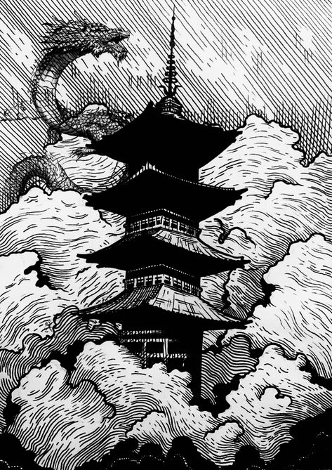 Ink Work Drawings, Asian Temple Drawing, Korea Drawing Aesthetic, Japanese Scenery Drawing, Japanese Black And White Art, Japanese Dark Art, Japanese Temple Sketch, Japanese Ink Drawing, Black And White Ink Drawings