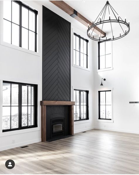 Black Fireplace Wall, Tall Ceiling Living Room, Fireplace Accent Walls, Tall Fireplace, High Ceiling Living Room, Fireplace Built Ins, Living Room Decor Fireplace, Accent Walls In Living Room, Fireplace Remodel