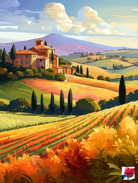 Italy Illustration, Poster Color Painting, Tuscany Landscape, Italy Landscape, Italian Landscape, African Art Paintings, Beautiful Art Paintings, Anime Backgrounds, Landscape Quilts