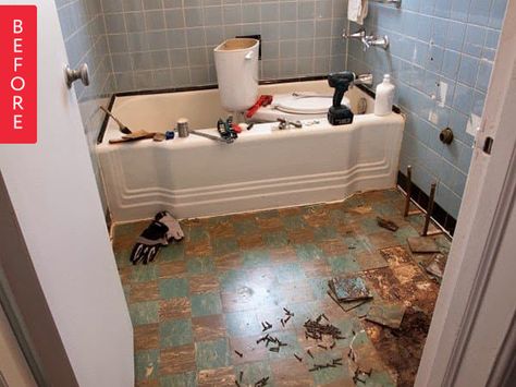 Beautiful Vintage Bathroom Renovations (That Don't Destroy Original Tile) Bathfitters Before And After, Budget Flooring Ideas, Basement Flooring Waterproof, Before And After Bathroom Remodel, Vintage Bathroom Tile, 1000 Dollars, Old Bathroom, Home Budget, Yellow Bathrooms