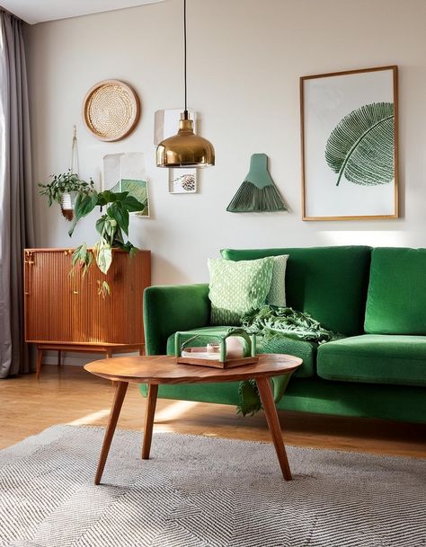 Mid-Century Modern Mid Century Modern Living Room Green Couch, Funky Mid Century Modern Living Room, Colorful Mid Century Modern Living Room, Mid Mod Living Room, Office Bedroom Ideas, Cathedral Ceiling Living Room, Green Couch Living Room, Mid Century Apartment, Green Sofa Living Room