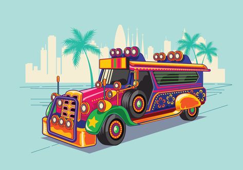 Download Philippine Jeep Illustration or Jeepney Vector Art. Choose from over a million free vectors, clipart graphics, vector art images, design templates, and illustrations created by artists worldwide! Jeep Philippines, Jeep Drawing, Cambodia Map, Myanmar Flag, Jeep Art, Singapore Map, Thailand Map, Filipino Art, Philippine Art