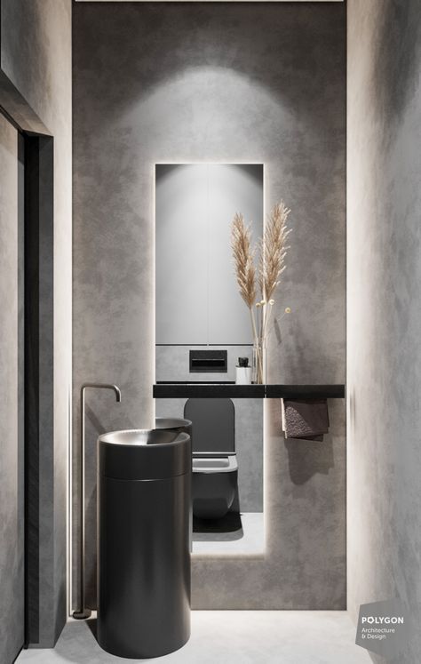 BLACK AND WHITE MINIMALISM Restroom Design, Baths Interior, Washbasin Design, Bathroom Inspiration Modern, Guest Toilet, Washroom Design, Mirror Bathroom, Bathroom Design Decor, Toilet Design