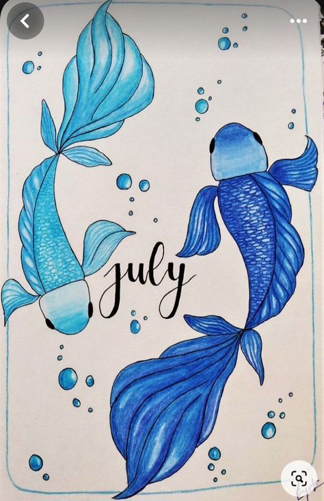 Monthly Bullet Journal Ideas, July Month, Monthly Bullet Journal, Koi Fish Art, Paper Art Design, Bond Paper Design, Bullet Journal Cover Ideas, Bullet Journal Paper, Pisces Sign