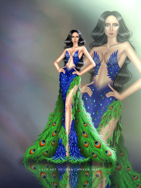 Peacock Fashion Illustration, Peacock Dress Design Illustration, Peacock Inspired Outfit, Peacock Dress Design, Peacock Inspired Dress, Peacock Dresses, Peacock Gown, Goddess Halloween Costume, Peacock Costume