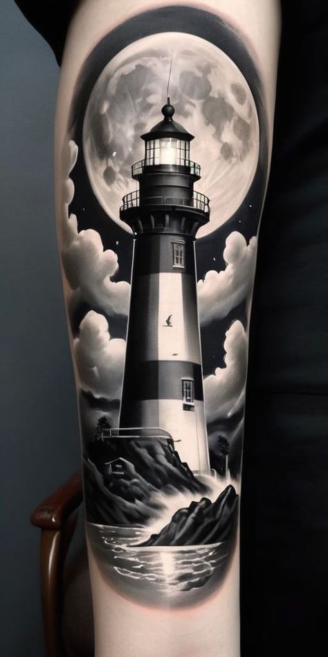 Lighthouse Waves Tattoo, Moon Realistic Tattoo, Nautical Map Tattoo Design, Light House Tattoo Design, Merman Tattoo, Lighthouse Tattoo Design, Light House Tattoo, Brazilian Tattoo, Moon Tattoo Design