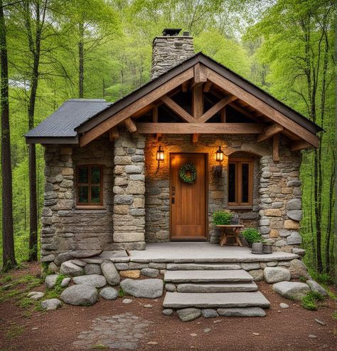 Log Cabin - So peaceful! ❤️ Small Stone Cottage, Cozy Rustic Home, Rustic Home Exterior, Building A Small House, Stone Cabin, Small Cottage Homes, Stone Cottages, Cabin Exterior, Tiny House Inspiration