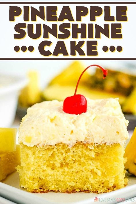 This Pineapple Sunshine Cake is a light and refreshing dessert, perfect any time. A pineapple cake topped with a fruity whipped pudding frosting. Whipped Pudding, Pineapple Sunshine Cake, Pudding Frosting, Cake Portions, Sunshine Cake, Refreshing Desserts, Pineapple Cake, Cake Mix Recipes, Köstliche Desserts