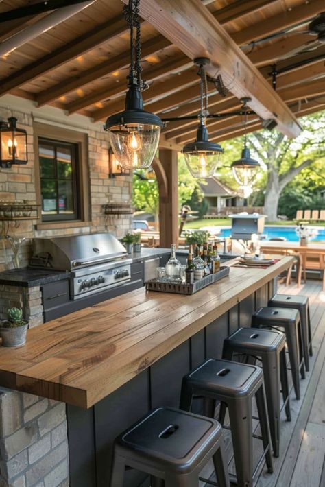 62  Outdoor Kitchen Ideas to Elevate Your Al Fresco Dining Outdoor Kitchen With Bar, Large Farmhouse Table, Fireplace Patio, Rustic Outdoor Kitchens, Pavilion Plans, Outdoor Cooking Area, Modern Outdoor Kitchen, Outdoor Fireplace Patio, Outdoor Kitchen Bars