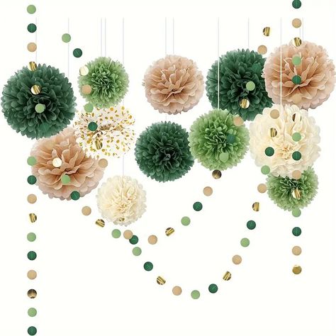 - Temu Gold Pom Poms, Green Wedding Decorations, Elegant Party Decorations, Romantic Party, Green Tissue Paper, Paper Pom Pom, Party Vibe, Circle Garland, Gold Tissue Paper