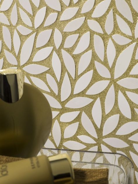 I love the look of glitter grout paired with this leaf-y tile. Kind of ends up looking like retro wallpaper. (Image courtesy of SarahAkwisombe.com Gold Grout, Crackle Glaze Tiles, Glitter Grout, Backsplash With Dark Cabinets, Unsanded Grout, Coloured Grout, Black Interior Doors, Glitter Bomb, Gorgeous Tile