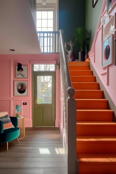 Fun Stairwell Ideas, Colorful Stairwell, Colorful Stairway, Colourful Houses Interior, Colourful Staircase, Stairwell Paint Colors, Funky Hallway, Orange Staircase, Orange Stairs