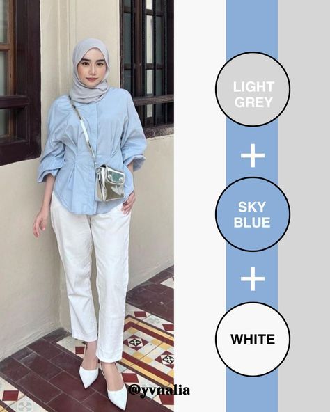 Blue White Outfit Hijab, Mix And Match Colors Outfits, Ootd Biru Pastel Hijab, Match Outfits, Mix Match Outfits, Match Colors, One Clothing, Grey Skies, Instagrammer