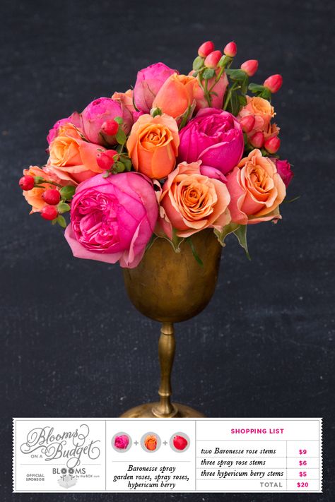 This is exactly the flower look I've always envisioned for my wedding, brass goblet & all <3 1x1.trans in Blooms on a Budget #16 and blooms on a budget Pink And Orange Flowers, Decoration Buffet, Wedding Flowers Summer, Orange Wedding, Orange Roses, Deco Floral, Spray Roses, Orange Flowers, Ikebana