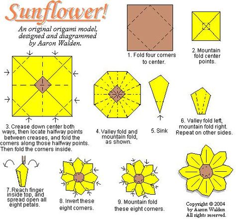 Sunflower Origami Tutorial, Sunflower Origami, Origami Cat Instructions, Origami Sunflower, Folded Paper Flowers, Art Umbrella, Nursing Journal, Origami Diagrams, Origami Dress