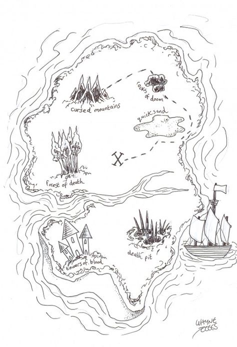 Final inked drawing of the treasure map Copyright Wayne Tully. Treasure Map Drawing, Treasure Maps For Kids, Website Moodboard, Pirate Map, Pirate Activities, Pirate Treasure Maps, Pirate Crafts, Learn To Sketch, Pirate Art