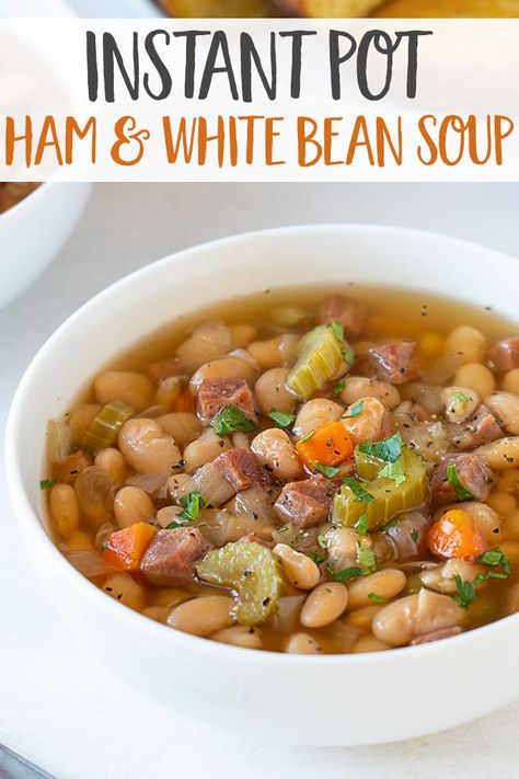 Instant Pot Ham and White Bean Soup – This hearty and flavorful soup is loaded with ham, white beans, veggies and seasonings. No soaking is required for the beans – An easy, effortless and delicious dinner prepared in your pressure cooker! Instapot White Beans And Ham, Instant Pot Ham And White Bean Soup, Instapot Bean Soup With Ham, Instant Pot Ham And Beans No Soak, Instant Pot Bean Soup No Soak, White Beans And Ham Instant Pot, Meditterean Recipes, White Bean Ham Soup, Ham And White Bean Soup