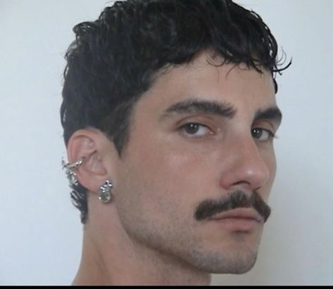 Mullet Moustache, Buzzcut With Bandana, Buzzcut With Mustache, Mullet And Mustache Aesthetic, Septum Piercing Jewelry Moustache, Short Mullet, Mullet Haircut, Haircuts For Wavy Hair, Mens Haircuts Short