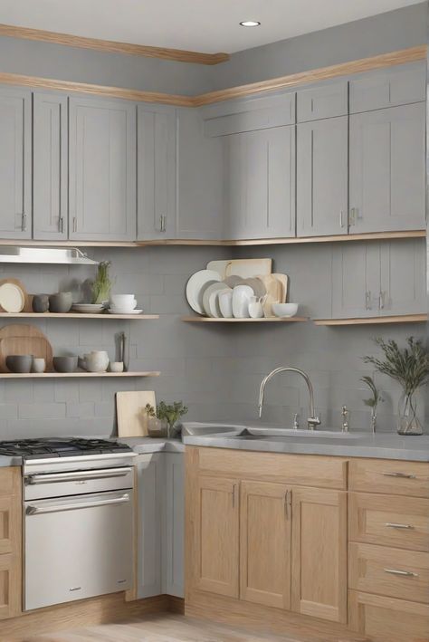 kitchen designs, living room interior, home decorating, paint color match French Gray Paint, Oak Wood Cabinets, Kitchen With Oak Cabinets, Light French Gray, French Grey Paint, Grey Kitchen Walls, Light Oak Floors, Wood Cupboard, Sage Green Kitchen