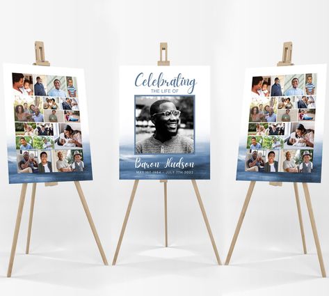 Blue Watercolor Memorial Sign Template Bundle, Funeral Photo Collage for Men, Celebration of Life Easel Display Poster for Father Husband by PeachPaperieCo on Etsy Photo Collage Diy, Ocean Watercolor, Collage Foto, Entry Signs, Collage Diy, Minimalist Photos, Memorial Signs, Life Poster, Collage Poster