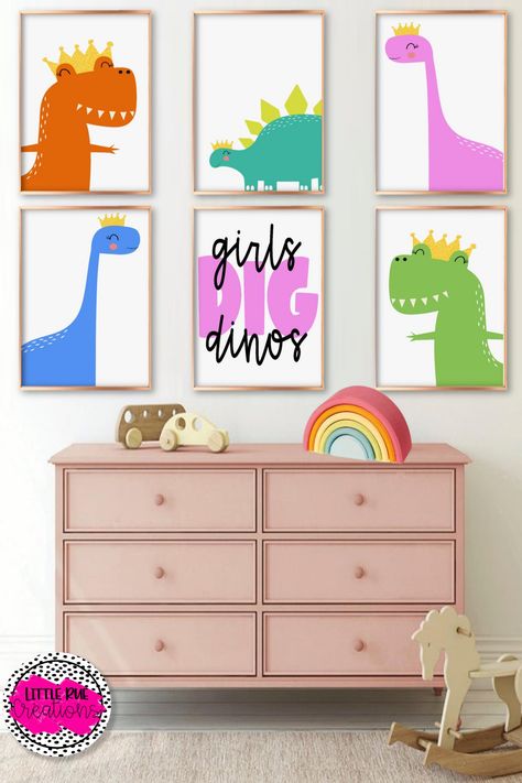 Girls Dinosaur Bedroom, Girl Dinosaur Room, Girls Dinosaur Room, Maeve Bedroom, Pink And Green Nursery, Dino Room, Dino Nursery, Dinosaur Room Decor, Dinosaur Wall Decor