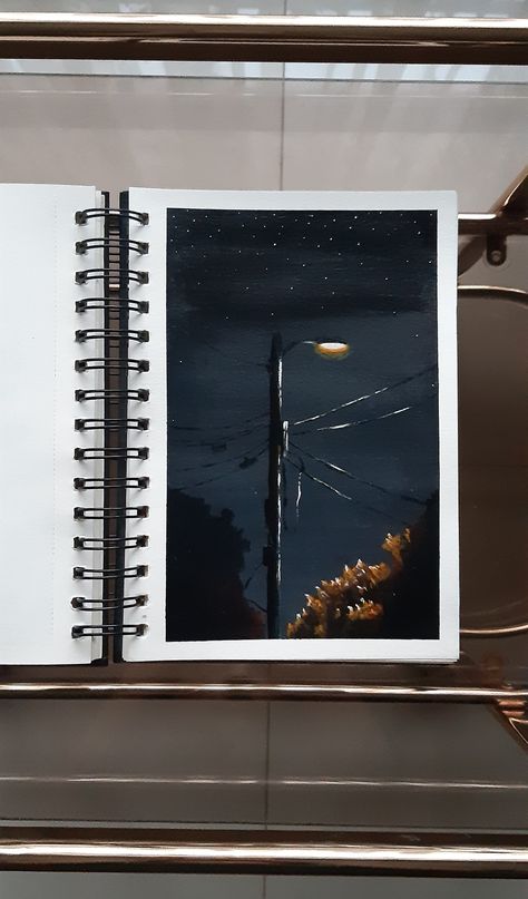 Street Light Painting Acrylic, Sketchbook Planning, Light Acrylic Painting, Gouache Painting Techniques, Sketchbook Painting, Sky Art Painting, A Level Art Sketchbook, Landscape Sketch, Canvas Drawings