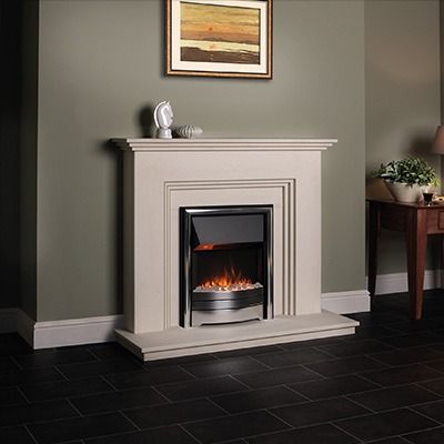 Compton in Veined limestone, Vision E-Line Sandon inset electric fire with chrome and black fascia Limestone Hearth, Fire Mantle, Limestone Texture, Limestone Fireplace Surround, Sandstone Fireplace, Inset Electric Fires, Limestone Fireplace, Electric Fire, Mantle Piece