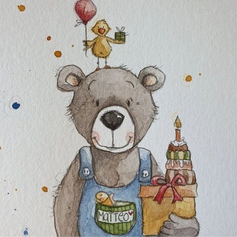 Pen And Watercolor Art, Watercolor First Birthday, Storybook Art Illustrations, Bear Sketch, Learn Watercolor Painting, Watercolor Birthday Cards, Birthday Card Drawing, Clipart Baby, Storybook Art