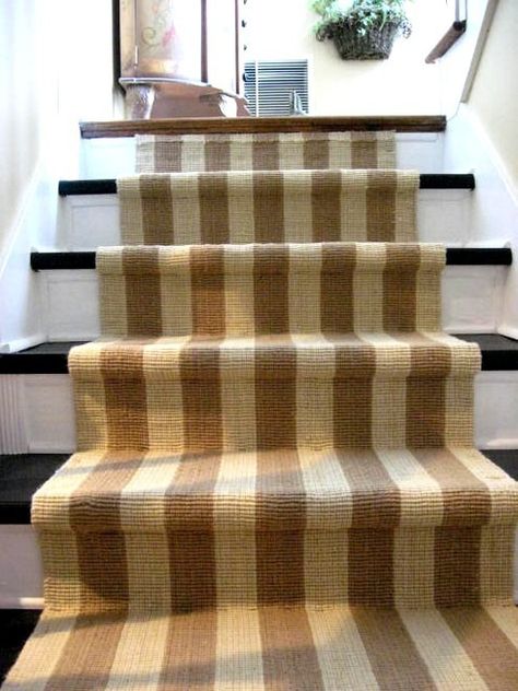 striped sisal runner.  Would love to redo my stairs like this! Runner Pictures, Carpet Crochet, Cottage Stairs, Striped Stair Runner, Old Basement, Stair Makeover, Sisal Carpet, Basement Stairs, Painted Stairs