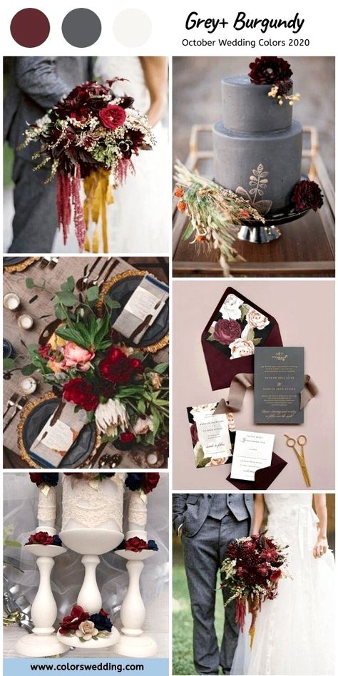 Color Combinations Wedding, Wedding Burgundy And Gold, Burgundy Color Combinations, Rose Gold And Burgundy Wedding, Burgundy And Grey Wedding, October Wedding Colors, Gray Wedding Cake, Gold And Burgundy Wedding, Gold Wedding Ideas