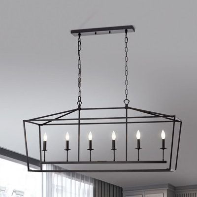 Transform your decor from simple to stylish with this must-have linear chandelier. The open-cage design creates an updated traditional style. Carefully crafted from metal, it showcases an open, geometric frame that is supported by chains/wires, making it suitable for most ceiling heights. Add this modern chandelier to create ambient and multi-directional lighting. | Gracie Oaks Andreias 6 - Light Kitchen Island Linear Pendant Metal in Black, Size 69.7 H x 22.8 W x 49.0 D in | Wayfair Chandelier Store, Directional Lighting, Bamboo Lantern, Farmhouse Chandeliers, Kitchen Island Linear Pendant, Light Kitchen Island, Rattan Pendant Light, Kitchen Island Lighting Pendant, Geometric Frame