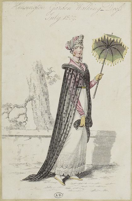 Kensington garden walking dress July 1809. That cape is just strange. Empire Outfit, Walking Dress, Regency Gown, Regency Era Fashion, Muslin Dress, 1800s Fashion, Regency Dress, Regency Fashion, 19th Century Fashion