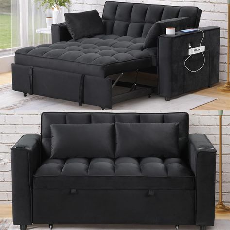 PRICES MAY VARY. 【Multifunctional pull-out sofa bed】It has two straps to assist pull-out and can quickly turn the sofa into a bed for a guest/child bed to take a rest. The backrest is adjustable at 3 levels to incline from 105° - 180°, meeting different needs of reading, entertaining, or sleeping. With durable armrests, safety is ensured to provide from falling down when used as a sleeper bed. 【Comfortable Velvet Sofa】The soft and skin-friendly velvet fabric of this sofa ensures a high level of Boys Room With Sofa Bed, Small Black Couch Bedroom, Luxury Sofa Bed Couch, Comfy Couch Bed, All Black Living Room Decor, Bed Chair Design, Black Leather Loveseat, Quirky Furniture Living Room, Reading Room Decor Ideas