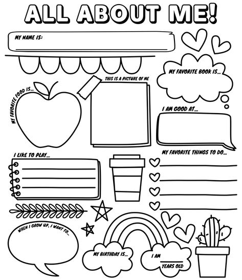 Printable All About Me Sheet For Kindergarten All About Me Chart, All About Me Template, All About Me Project, All About Me Printable, All About Me Worksheet, About Me Template, Back To School Worksheets, Toddler Themes, Kids Sunday School Lessons