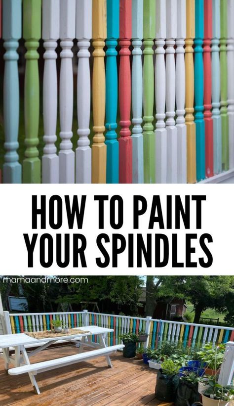 DIY Deck Upgrade: How to Paint Spindles Different Colors - Mama and More Paint Spindles, Porch Floors, Deck Upgrade, Painted Porch, Deck Balusters, Vinyl Deck, How To Spray Paint, Deck Spindles, Deck Pictures