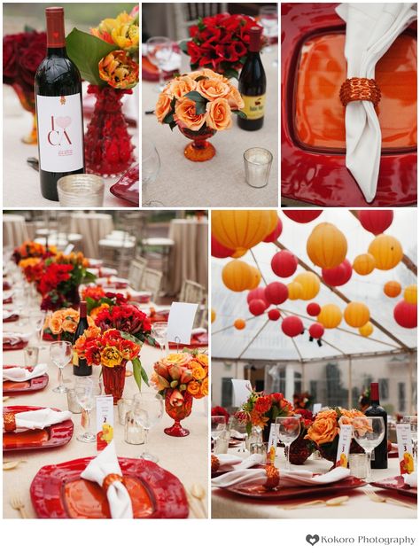 Red Orange Yellow Wedding Decor, Red And Orange Party Decor, Red Yellow Orange Wedding, Red And Orange Wedding Decorations, Fire Themed Wedding, Red Orange Wedding Theme, Red And Orange Wedding Theme, Wedding Themes Red, Orange Red Wedding