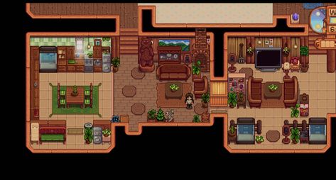 This is how i decorated my Stardew Valley house Stardew Valley House Interior Living Room, Stardew Living Room Ideas, Stardew Valley House Interior Ideas No Mods, Stardew Living Room, Stardew Valley Farmhouse Interior, Stardew Valley Kitchen Design, Stardew Valley Bedroom Design, Stardew Valley Living Room, Stardew Valley Home Interior