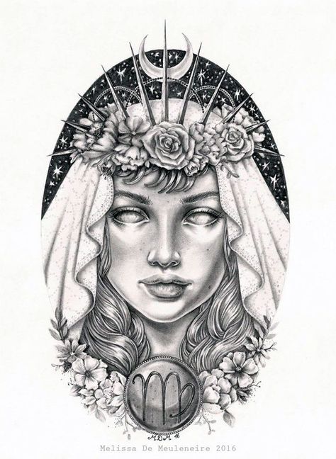 Virgo The Maiden Tattoo, Virgo Tattoo Goddesses Greek Mythology, Virgo Tattoo Drawings, Virgo Witch Tattoo, Virgo Shoulder Tattoos For Women, Virgo Goddess Wallpaper, Virgo Zodiac Sign Tattoo Design, Evil Virgo Tattoo, Virgo Face Tattoo