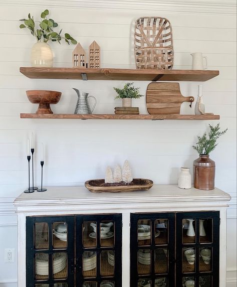 Dining room shelf styling. We love neutral styles and adding old decor with new! Follow me in the @LIKEtoKNOW.it shopping app to shop this post and get my exclusive app-only content! #liketkit #StayHomeWithLTK #LTKhome #LTKunder50 @liketoknow.it http://liketk.it/366f2 Dining Room Floating Shelves, Dining Room Buffet Table, Buffet Table Decor, Dining Room Shelves, Dining Room Updates, Sideboard Decor, Kitchen Shelf Decor, Buffet Decor, Dining Room Remodel