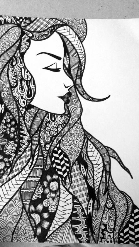 Black And White Abstract Art Drawing, Mandala Women Drawing, Zentangle People, Mother Earth Drawing, Hair Zentangle, Spiritual Zentangle Art, Zentangle Faces Woman, Line Art Lesson, Mother Earth Art