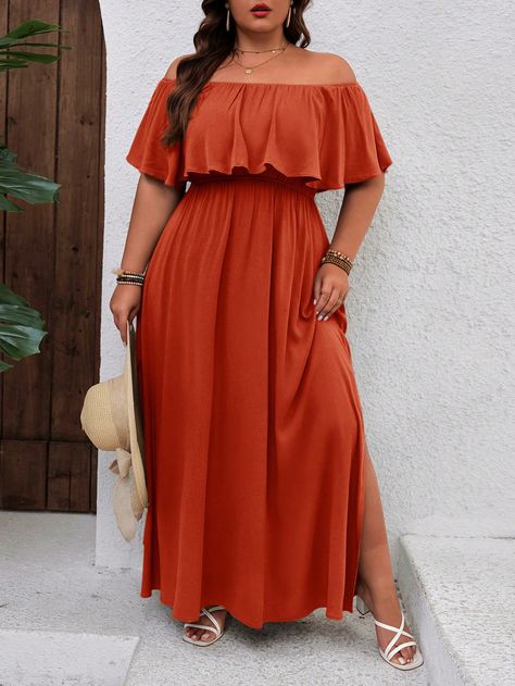 Plus Size Vacation Ruffle Off Shoulder Dress Rust Brown Casual  Short Sleeve Woven Fabric Plain A Line Slight Stretch  Women Plus Clothing, size features are:Bust: ,Length: ,Sleeve Length: Plus Size Rust Dress, Rust Color Dress Plus Size, Orange Off-shoulder Maxi Dress For Spring, Burnt Orange & Navy Blue Plus Size Maxi Dresses, Maternity Dress Boho Rust, Butterfly Sleeve Dress, Affordable Plus Size Clothing, Vestido Plus Size, Stylish Work Attire