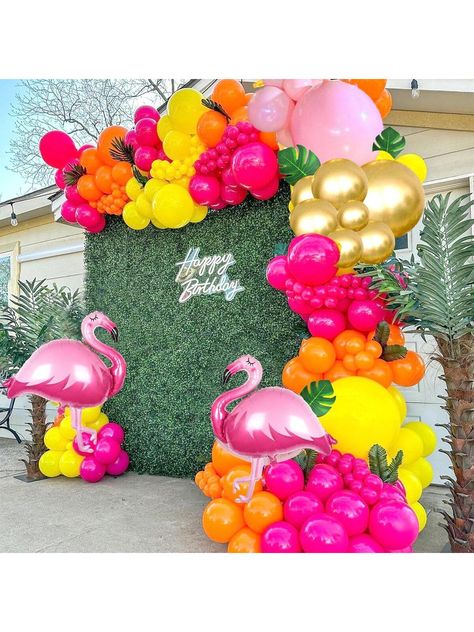 125pcs/Set Tropical Balloon Arch Flower Garland, Including Pink Flamingo, Hot Pink, Rose Red, Orange Balloons And Palm Leaves, Suitable For Hawaiian Beach Tropical Party Decorations And Summer Birthday Supplies, Baby Shower, Birthday Pool Party Decor, Flamingo Themed Birthday Multicolor    PE     Event & Party Supplies, size features are:Bust: ,Length: ,Sleeve Length: Tropical Balloon Arch, Flamingo Themed Party, Tropical Party Decorations, Flamingo Birthday Party, Luau Birthday Party, Orange Balloons, Flamingo Theme, Orange Party, Pool Party Decorations