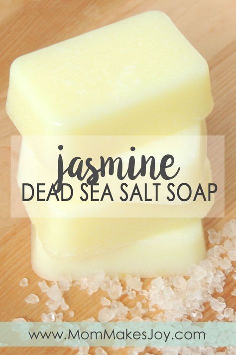 A DIY tutorial for Jasmine Dead Sea salt soap made with Jasmine fragrance oil, Dead Sea salt crystals, clear melt-and-pour soab base and colorant | How to make soap without lye | Soap Making | Mom Makes Joy Soap Without Lye, How To Make Soap, Diy Soap Bars, Savon Diy, Sea Salt Soap, Diy Soap Recipe, Lye Soap, Salt Soap, Săpunuri Handmade